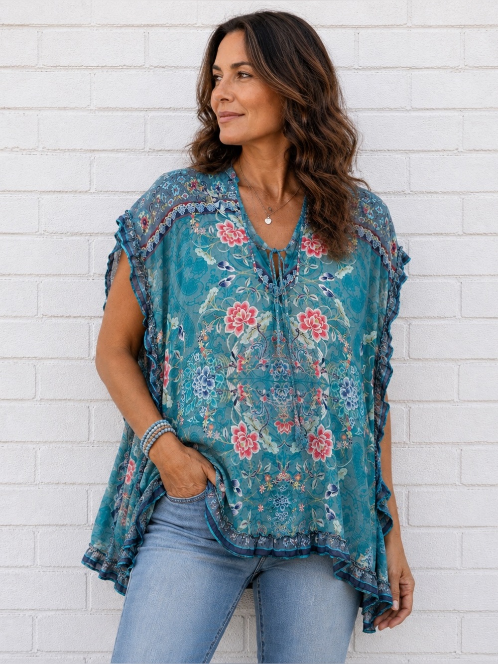 Johnny Was Teal Floral Poncho Blouse L Sheer Boho Oversized Artsy Tunic Top